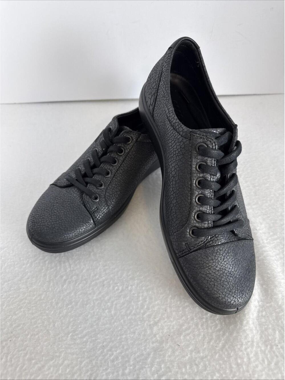 Ecco Women's Soft Crackle Leather Sneaker Black/Gray Size 9M Danish Design NWOB